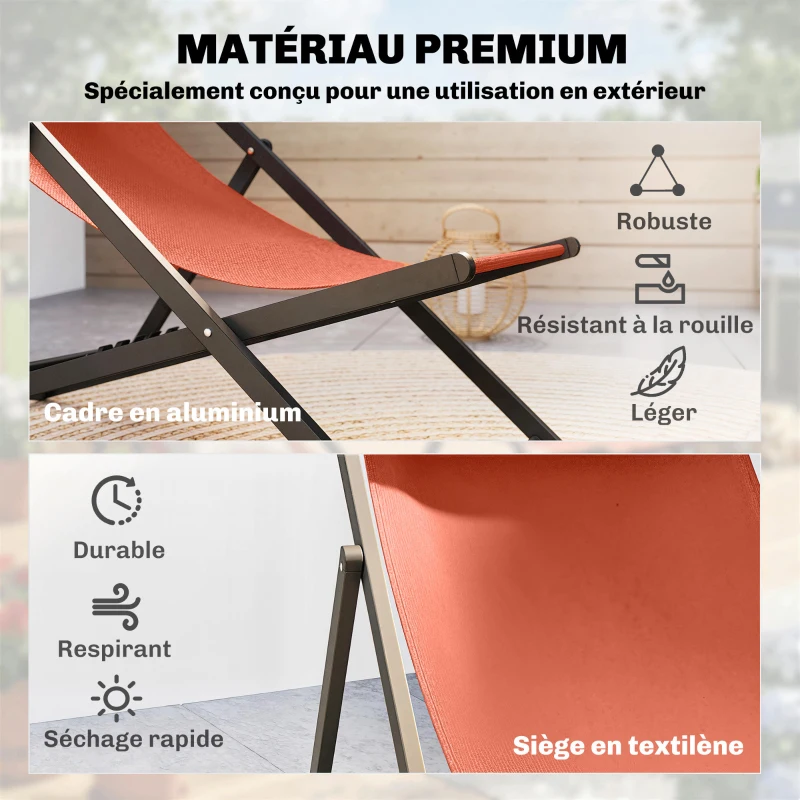 Outsunny Lot de 2 bain de soleil, chaise longue pliante avec appuie-tête en textilène inclinable 60 x 100 x 85 cm, rouge brique