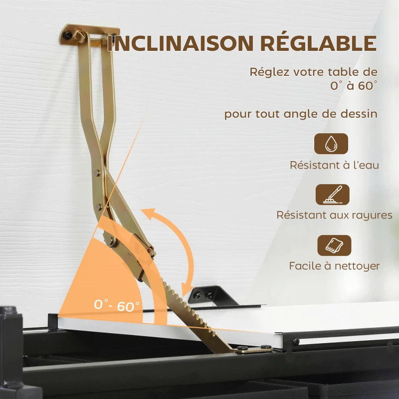 HOMCOM Table à dessin avec tabouret et 2 tiroirs, hauteur réglable, plateau inclinable 0° à 60°, 120 x 60 x 68-92 cm, blanc