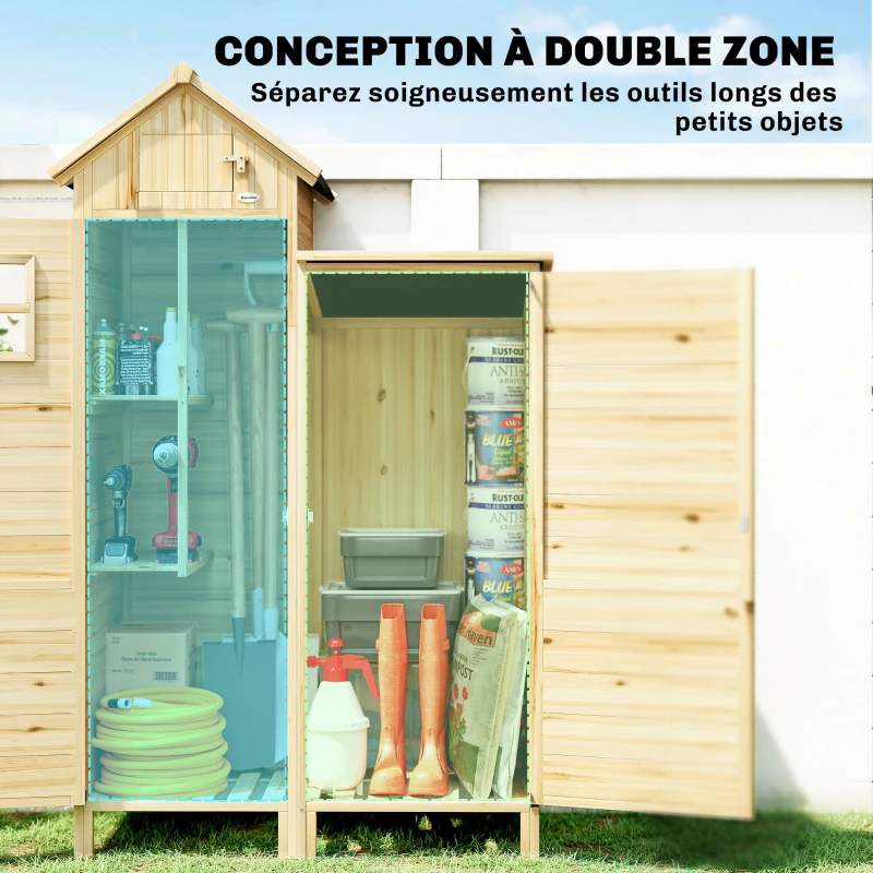 Outsunny Armoire de Jardin en Bois Abri de Jardin Toit en Asphalte Double Zone et Étagères Amovibles 106x57x167cm Naturel