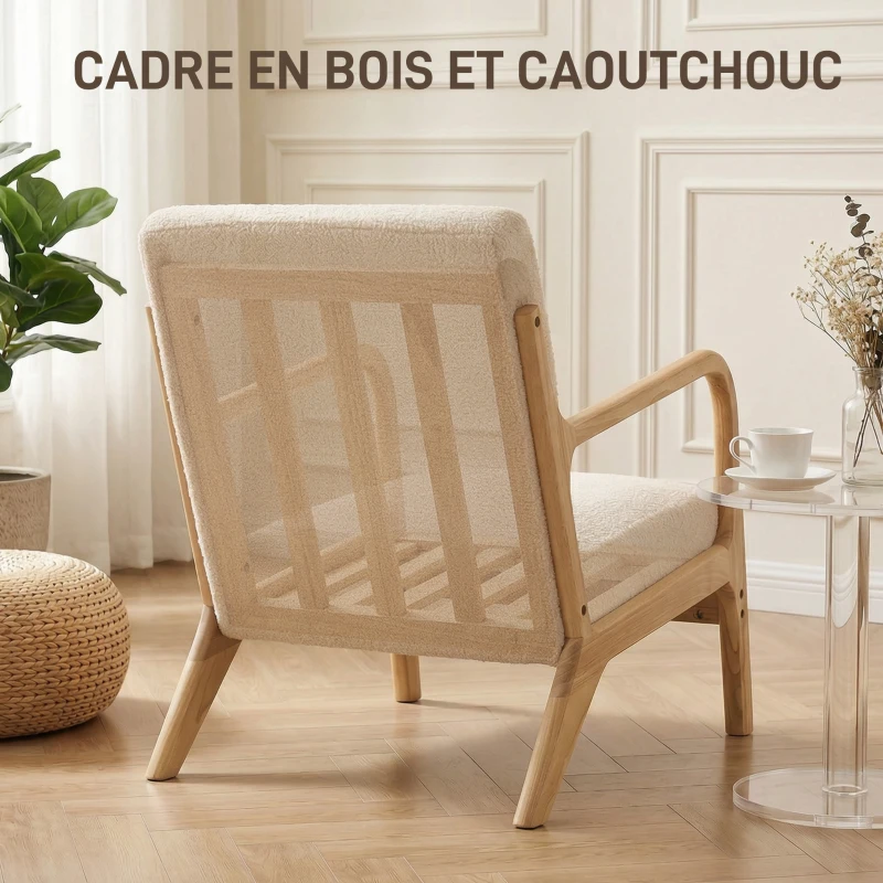 HOMCOM Fauteuil lounge - 3 coussins inclus - assise profonde - accoudoirs - structure bois hévéa - aspect velours beige