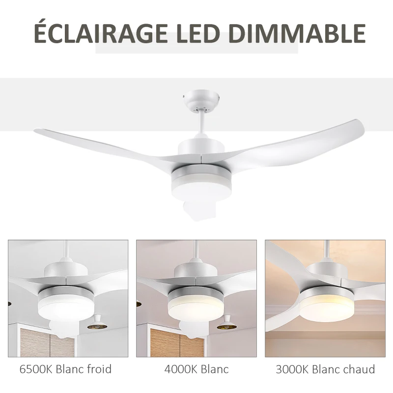 HOMCOM Ventilateur plafond avec lumière et télécommande 20,5 W, 6 vitesses 3 couleurs d'éclairage et minuterie, 132 cm, blanc