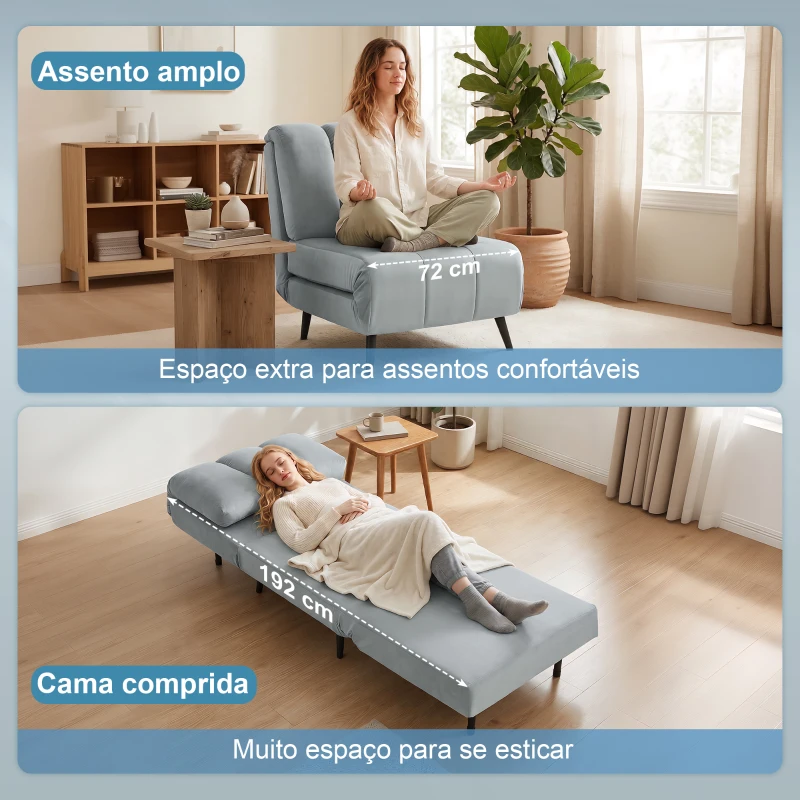 HOMCOM Sofá-Cama Individual 3 em 1 Dobrável com Encosto Ajustável e Almofada Espessa para Sala 72x88x87 cm Cinzento
