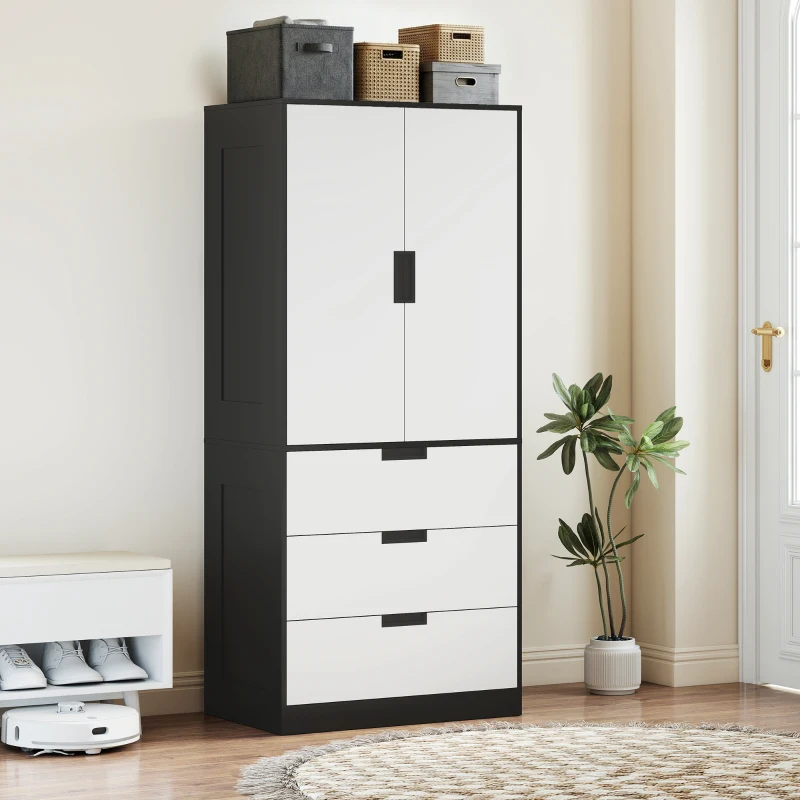 HOMCOM 2 Door Wardrobe, Modern Wardrobe with 3 Drawers and Hanging Rod for Bedroom, Black