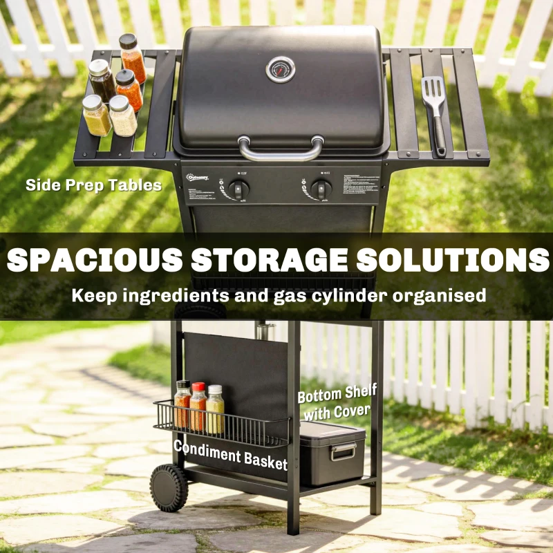 Outsunny Gas Burner Barbecue Grill, 2 Burner Gas Grill with Side Tables, Warming Rack, Shelf, Thermometer, Grease Tray, Black