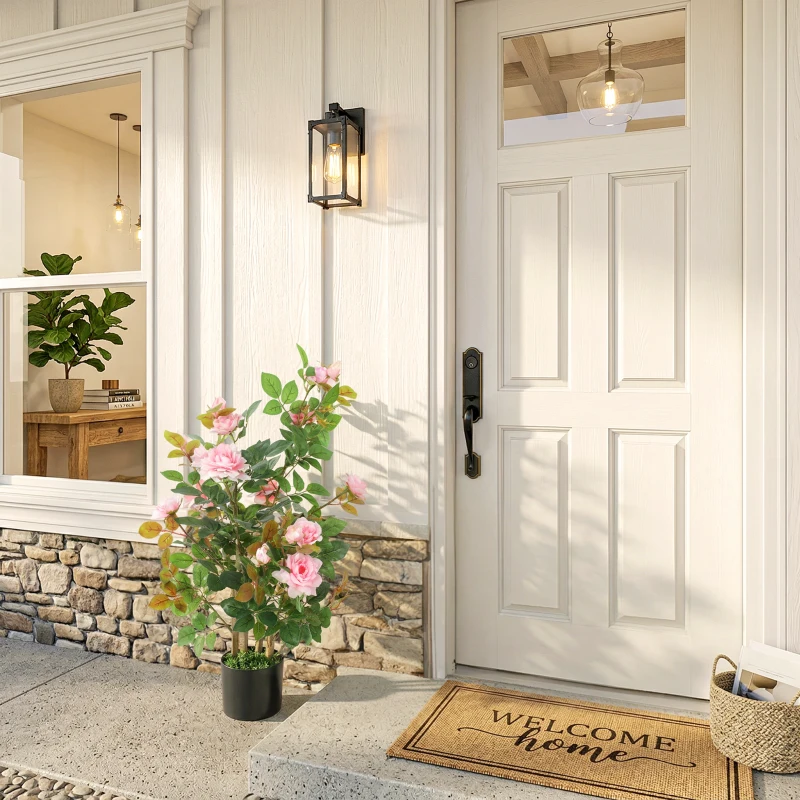 HOMCOM 90cm Artificial Rose Tree, Decorative Fake Plant with 344 Silk Leaves 17 Flowers for Outdoor Indoor Decor, Pink