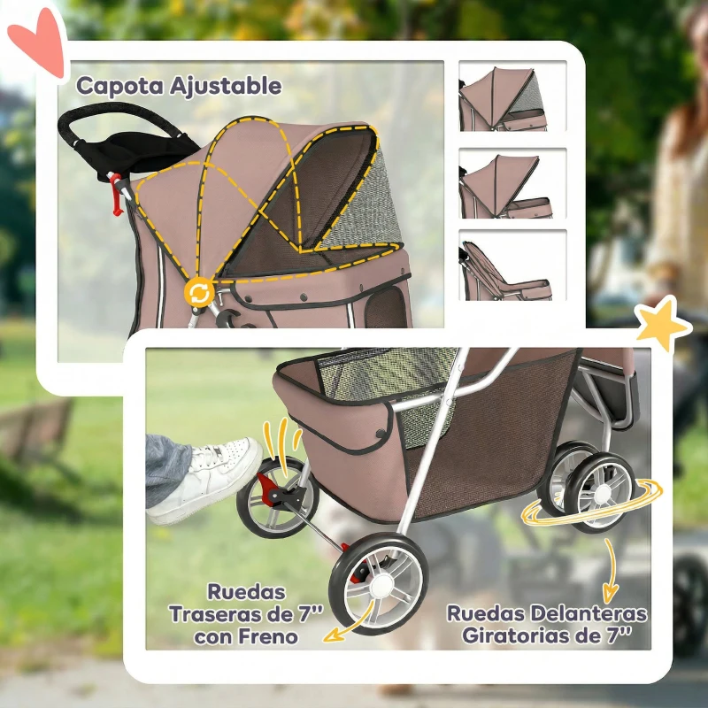 PawHut Carrito para Perros Pequeños con Cesta de Almacenaje Ventanas de Malla y Cinturón de Seguridad 77x44x102 cm Café