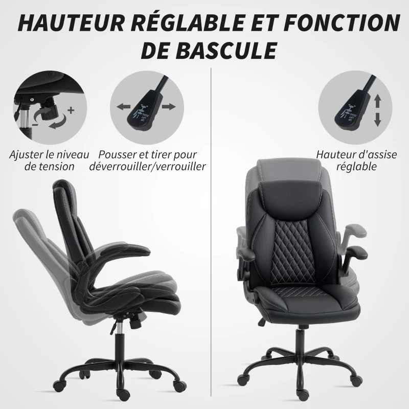 HOMCOM Fauteuil de bureau, chaise bureau ergonomique avec accoudoirs relevables, hauteur réglable, fonction de bascule, noir
