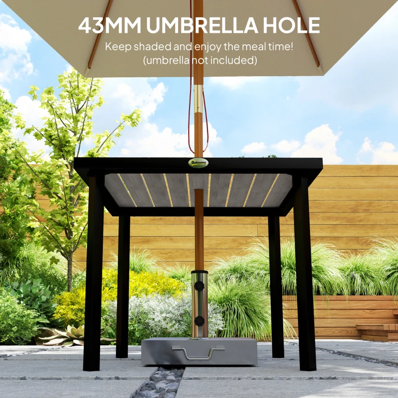 Outsunny Square Garden Dining Table with Parasol Hole, Slatted Top, Metal Frame, 86 x 86 x 71 cm, Light Grey