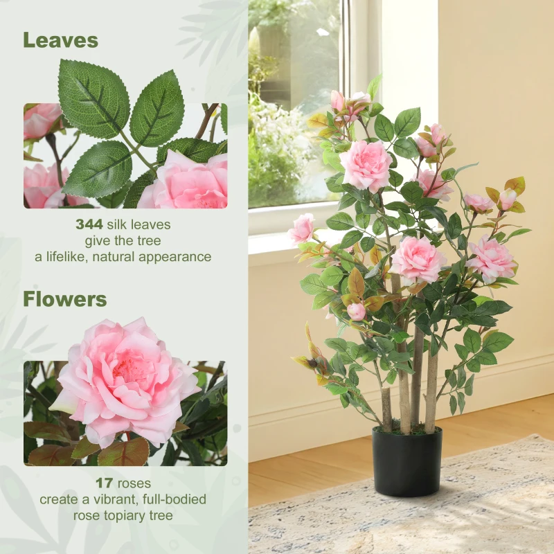 HOMCOM 90cm Artificial Rose Tree, Decorative Fake Plant with 344 Silk Leaves 17 Flowers for Outdoor Indoor Decor, Pink