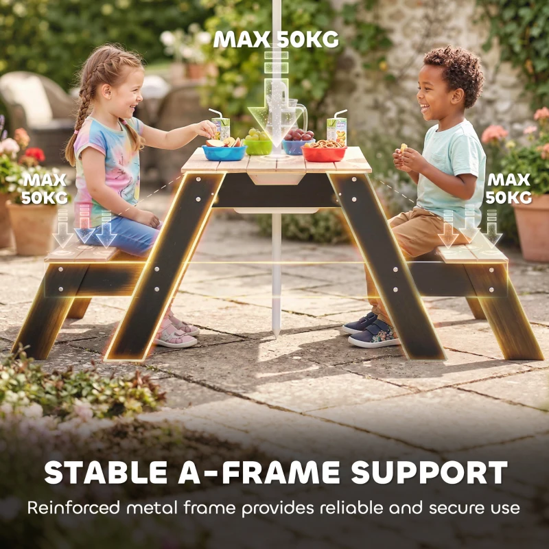 AIYAPLAY Picknicktisch für Kinder mit Sonnenschirm, 3‑in‑1 Gartenmöbel‑Set aus Holz für Kinder 3‑6 Jahre mit 2 Boxen, natur
