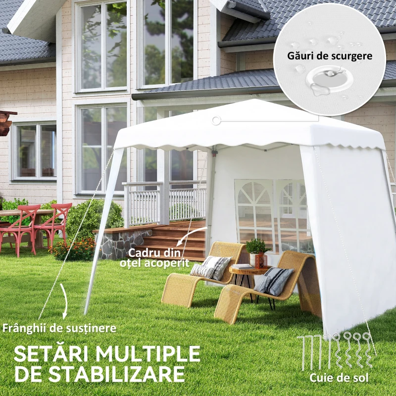 Outsunny Pavilion pliabil cu 2 laterale, Stalpi oblici si geanta de transport, cort de evenimente inaltime reglabila UV50+, cort de gradina, curte, acoperis 2,4 x 2,4 m / baza 2,9 x 2,9 m, alb