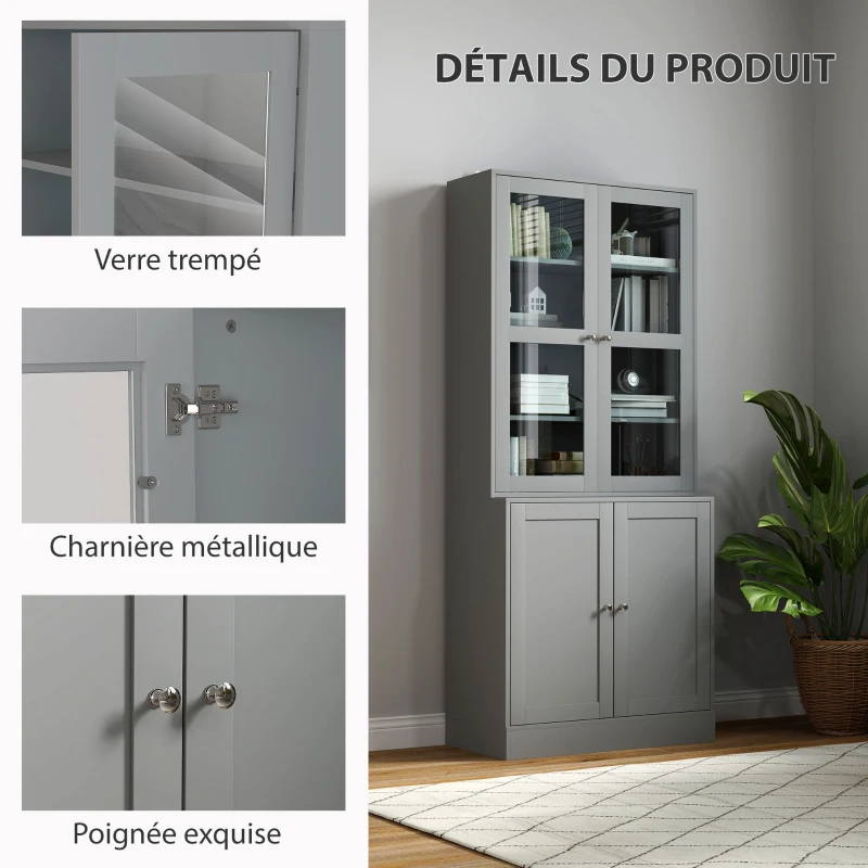 HOMCOM Bibliothèque vitrine, meuble de rangement à 6 niveaux avec 4 portes dont 2 en verre trempé, étagères réglables, gris