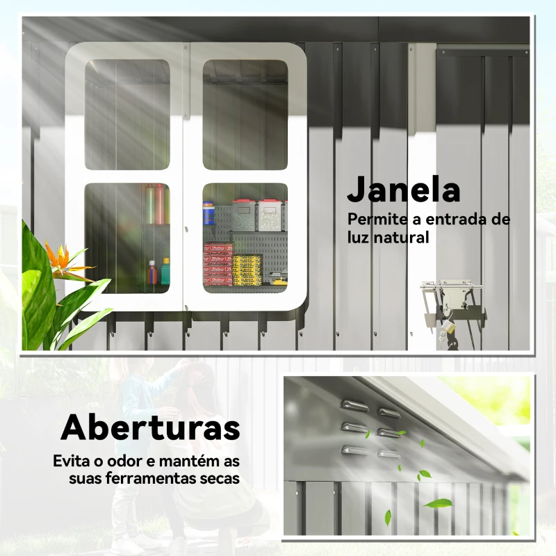 Outsunny Abrigo de Jardim Exterior 2,55 m² 221x133x190 cm com Janela Porta com Fechadura e Ventilações Cinzento Escuro