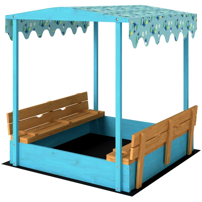 AIYAPLAY Sabbiera per Bambini 3-6 Anni con Tettuccio Dinosauri, Sedute Pieghevoli, Coperchio e Fodera Inclusa, Sabbionaia per Bambini in Legno di Abete, 134.5x127.5x130 cm, Blu