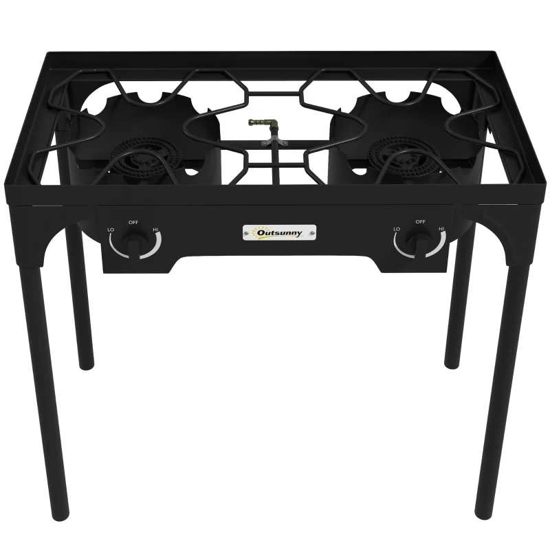 Outsunny Réchaud 2 brûleurs au propane portable 150 000 BTU/h avec 2 pieds amovibles pour extérieur, camping, métal moulé