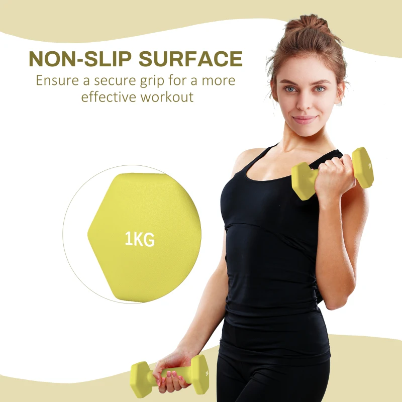 SPORTNOW 2 x 1kg Hexagonal Dumbbells Weights Set with Non-Slip Grip for Home Gym Workout, Yellow