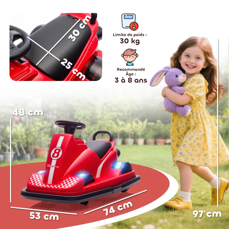 AIYAPLAY Auto-Tamponneuse Enfant 6V, Rotation à 360°, Musique, Klaxon, Démarrage Doux, 2,5 km/h, pour Âges 3-8, 74x53x48cm, Rouge
