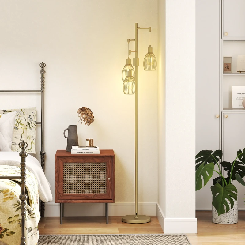HOMCOM 3-Light Floor Lamp, 170cm Industrial Dimmable Standing Lamp with Steel Wire Cage Lampshades for Living Room, Bedroom, Dining Room, Study, Bulb Not Included, Gold Tone