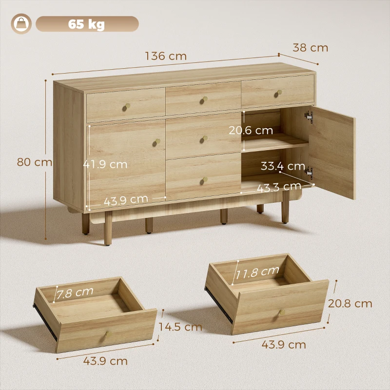 HOMCOM Sideboard with 5 Drawers and 2 Cabinets Buffet Cabinet with Solid Wood Legs 136 cm Walnut