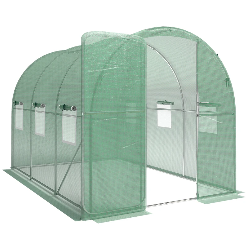 Outsunny Serre tunnel de jardin 6m², serre de jardin tunnel 200x300x200cm porte et 6 fenêtres, bâche PE 140 g/m² vert