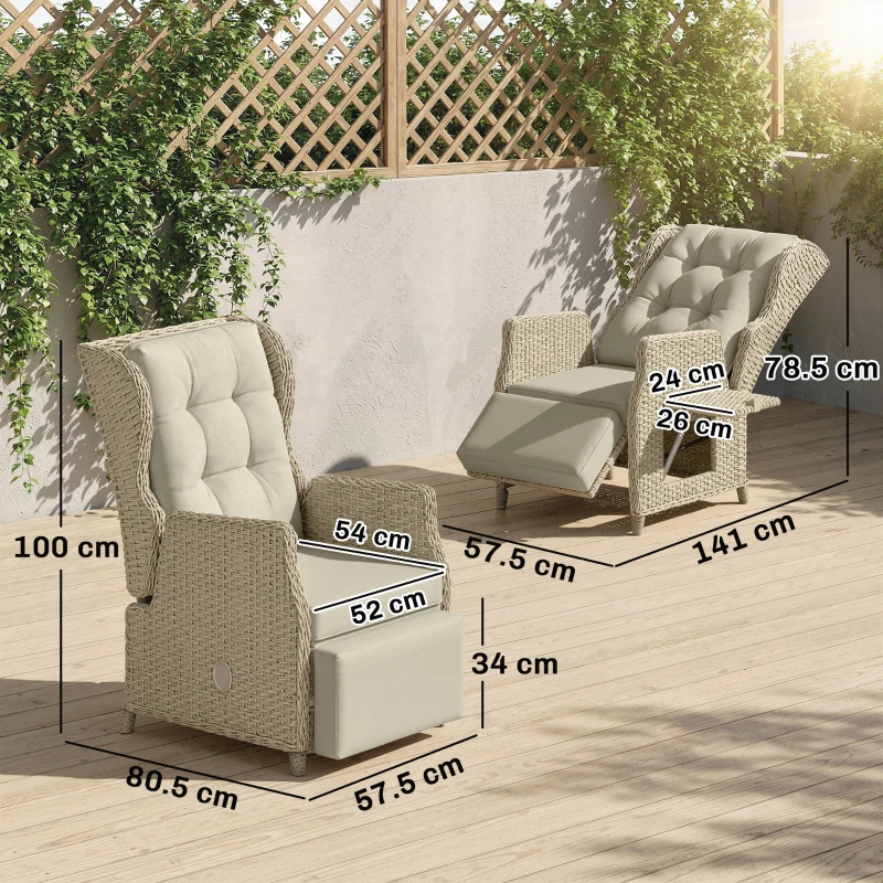 Outsunny Rattan Garden Recliner Chair, Reclining Garden Chair with Adjustable Back and Footrest, Flip Table, Cushion, Brown