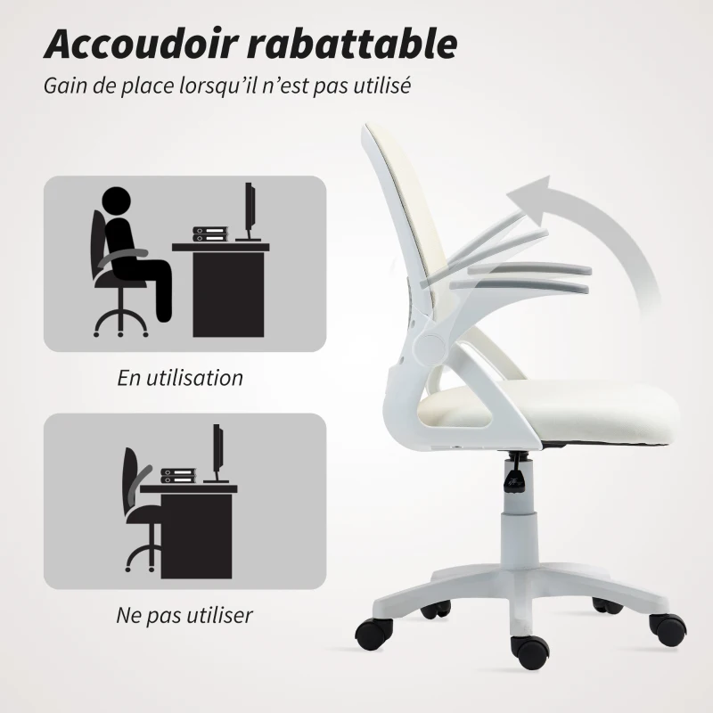 HOMCOM Chaise bureau ergonomique, fauteuil de bureau en maille avec accoudoirs relevables, hauteur réglable, blanc