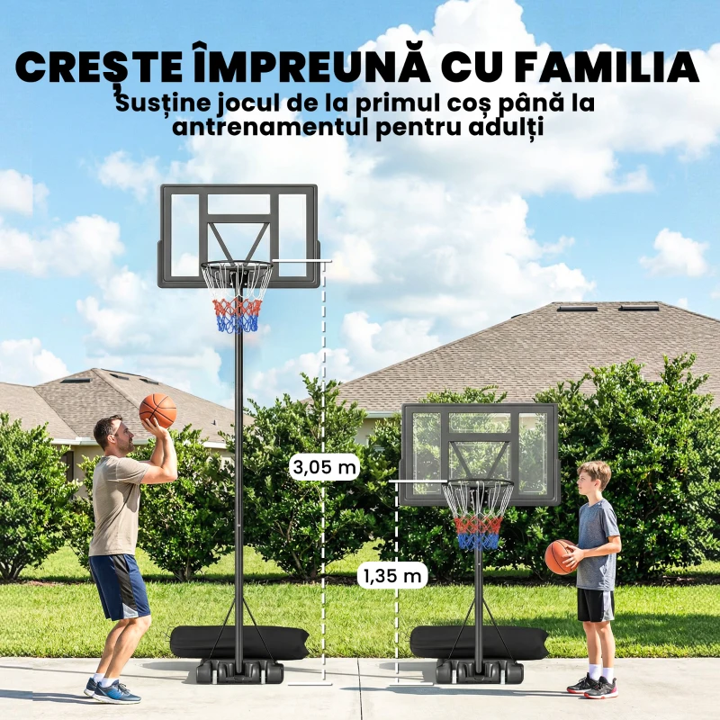 SPORTNOW Coș de Baschet Exterior Reglabil pe Înălțime 135-305 cm, Coș de Baschet cu Roți, Bază Umplibilă, Sac de Greutate, Panou Rezistent, Portabil pentru Interior și Exterior, Negru