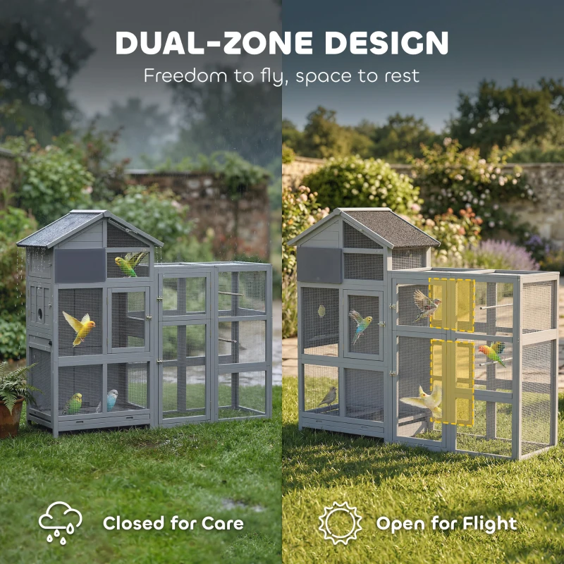 PawHut Woliera dla ptaków z drewna z 6 żerdziami, miejscem do przechowywania, wysuwaną szufladą i miskami ze stali nierdzewnej, 196x60x164,5 cm, szara