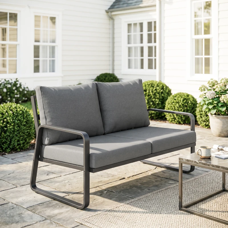 Outsunny Divano giardino 2 posti con cuscini sfoderabili, 121x69x69 cm, Grigio chiaro