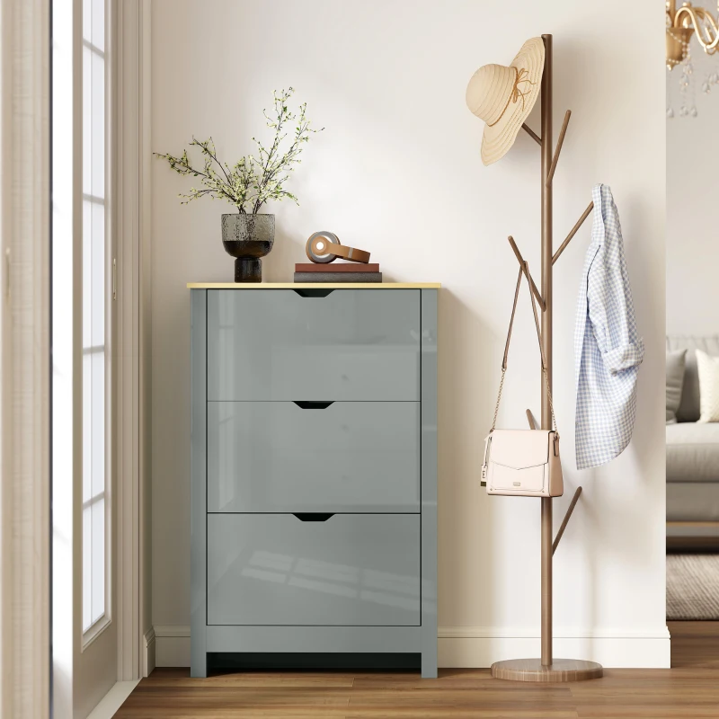 HOMCOM Slim Shoe Cabinet, Narrow Shoe Cupboard with 3 Flip Drawers, Adjustable Shelves for 18 Pairs of Shoes, Light Grey