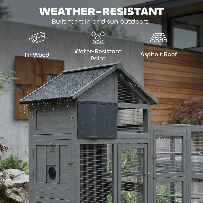 PawHut Woliera dla ptaków z drewna z 6 żerdziami, miejscem do przechowywania, wysuwaną szufladą i miskami ze stali nierdzewnej, 196x60x164,5 cm, szara