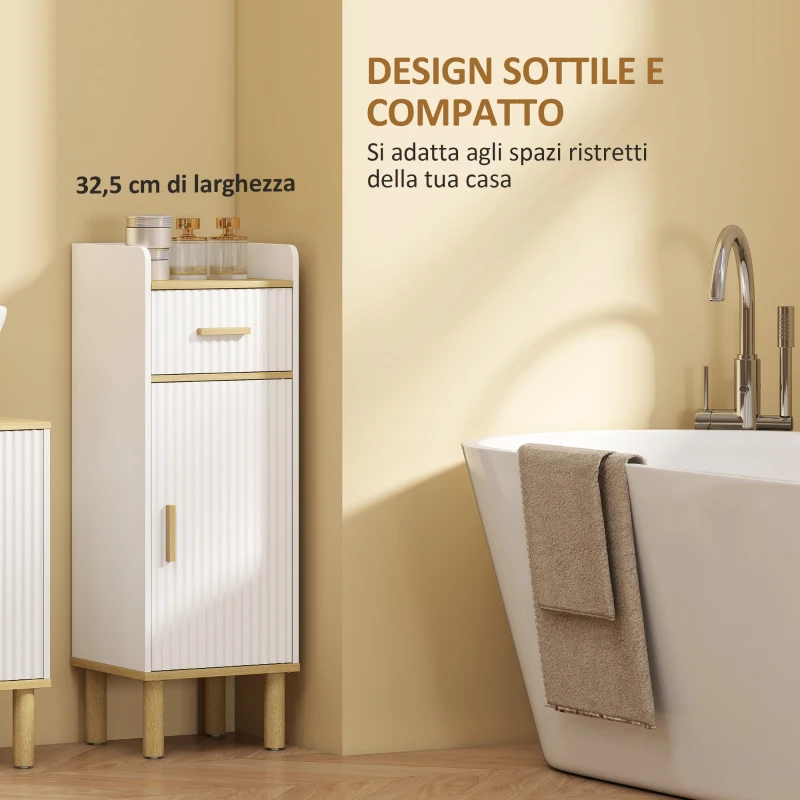 HOMCOM Mobile da Bagno Stretto con Mensola Regolabile, 32.5x29.5x91 cm, Bianco