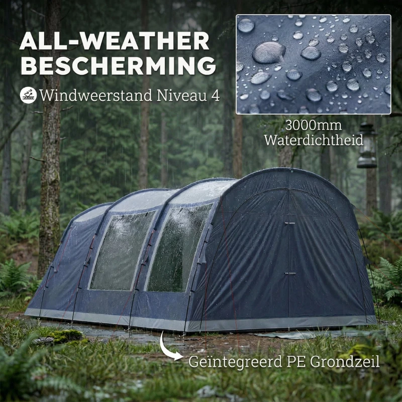 Outsunny Tunnelzelt 4 Personen Familienzelt mit Schlaf- und Wohnzimmer 6 Fenstern 3 Türen Bodenplane Stehhöhe 3000 mm Wassersäule