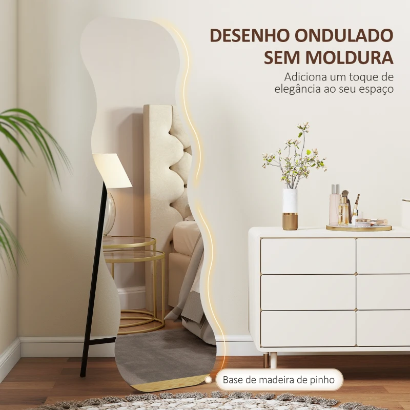 HOMCOM Espelho de Pé 160x50 cm sem Moldura Espelho de Corpo Inteiro com Forma Ondulada Suporte e Base de Madeira Preto