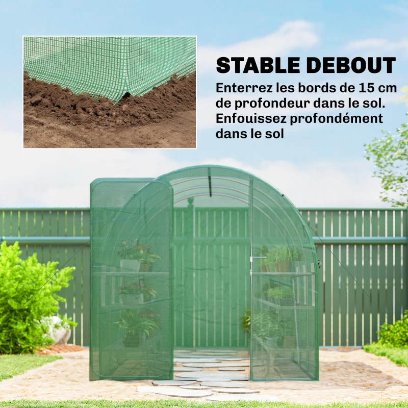Outsunny Serre tunnel de jardin 6m², serre de jardin tunnel 200x300x200cm porte et 6 fenêtres, bâche PE 140 g/m² vert