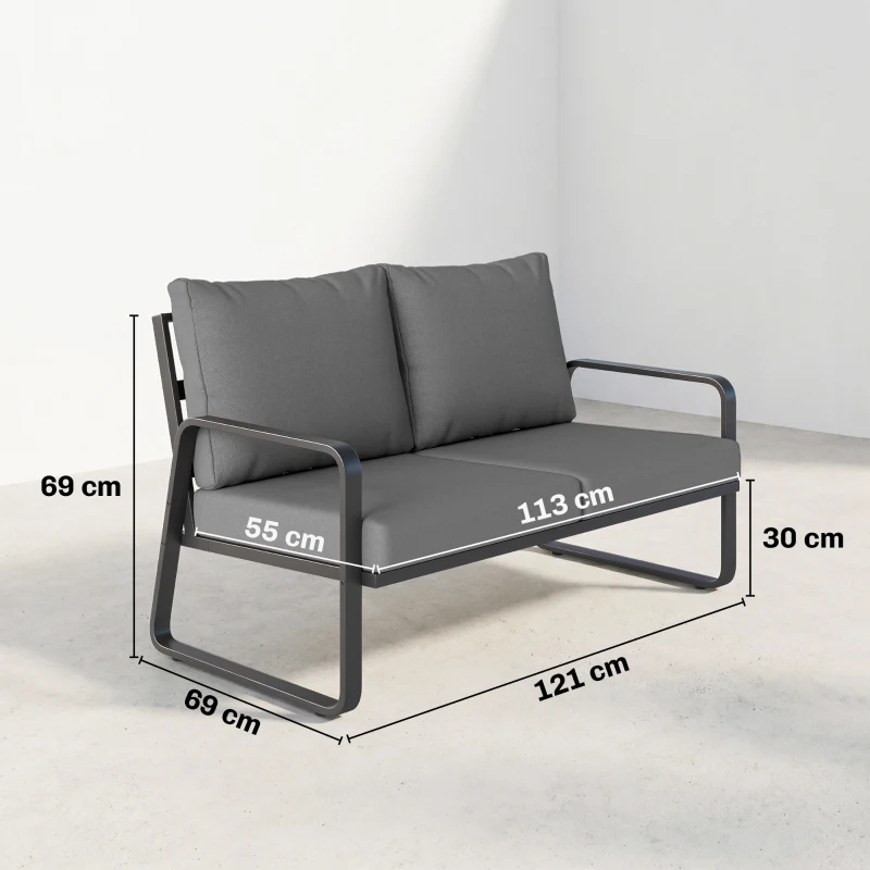 Outsunny Divano giardino 2 posti con cuscini sfoderabili, 121x69x69 cm, Grigio chiaro