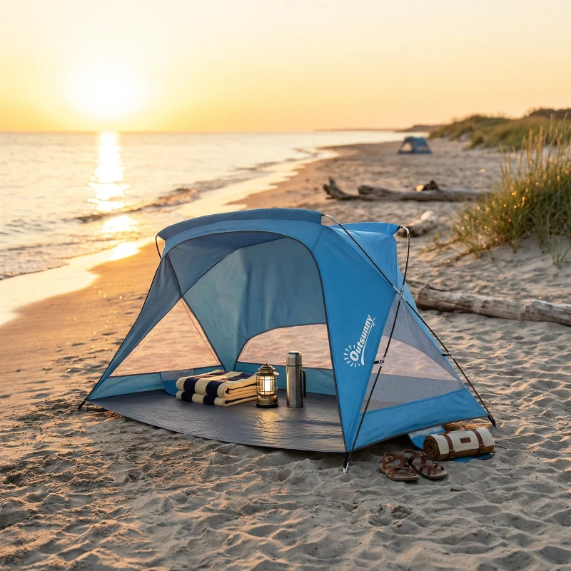 Outsunny Tente de plage pour 2-3 personnes tente pop-up portable avec porte fenêtre sacs de sable sac de transport, UV30+