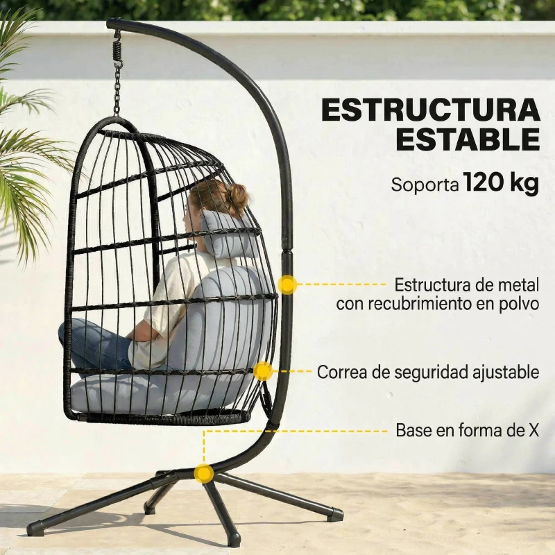 Outsunny Silla Colgante Huevo con Soporte Cesta Plegable Cojín Reposacabezas Altura Ajustable y Cuerda Carga 120 kg Gris Claro
