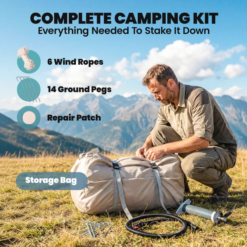 Outsunny Dmuchany namiot 5–8 osób Szybkie rozstawienie Wodoodporny 5000 mm i Wiatroodporny z pompką, otworem na piecyk i oknem dachowym