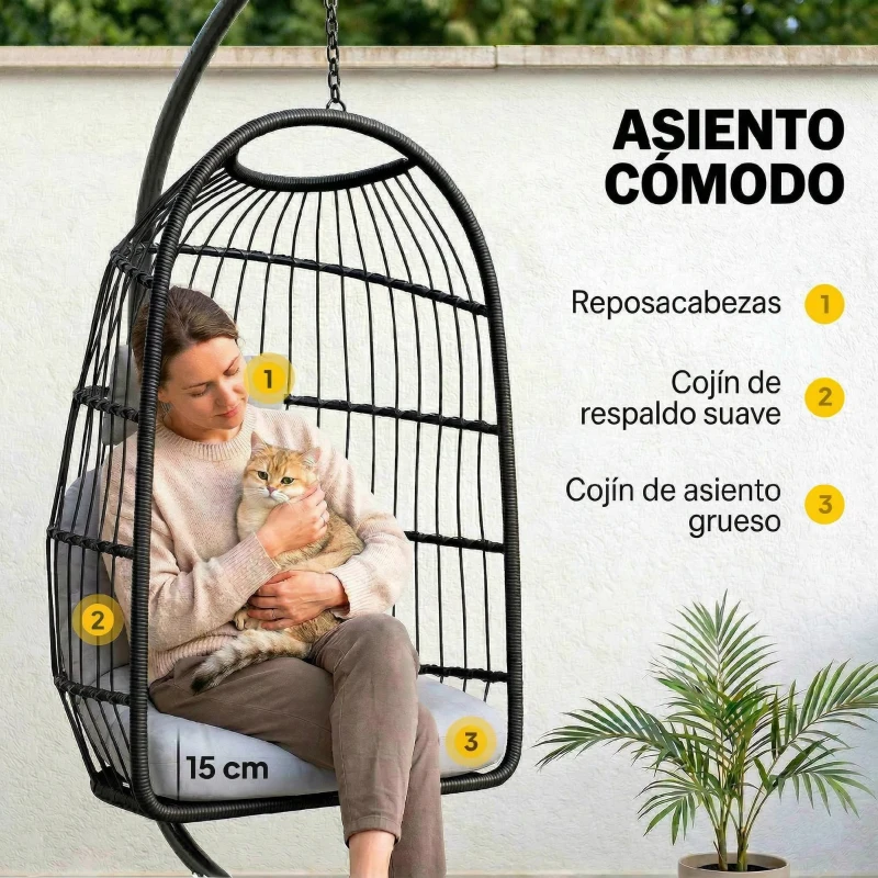 Outsunny Silla Colgante Huevo con Soporte Cesta Plegable Cojín Reposacabezas Altura Ajustable y Cuerda Carga 120 kg Gris Claro