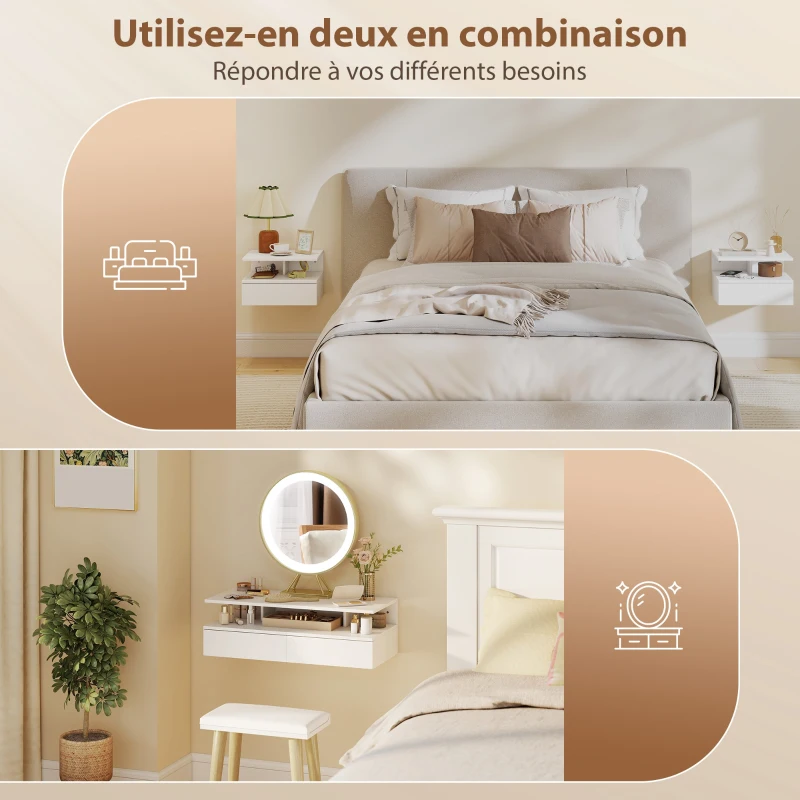 HOMCOM Lot de 2 tables de chevet murales, tables de nuit suspendues avec tiroir, étagère ouverte, 35x32x22,5cm, blanc