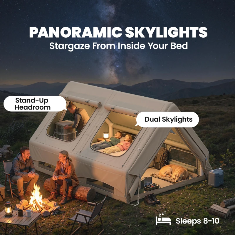 Outsunny Inflatable Camping Tent, 4 Season Hot Tent 10000mm Waterproof with Chimney Opening, Sky Light and Air Pump, Khaki