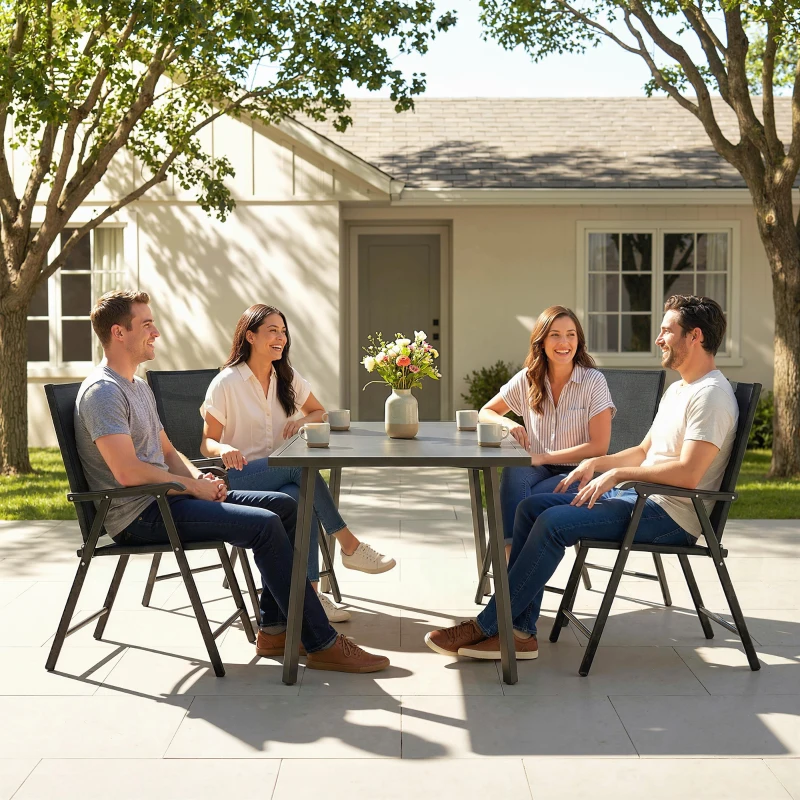 Outsunny Folding Garden Chairs Set of 4, Foldable Garden Dining Chairs with High Back, Armrests, Texteline Seat, Black