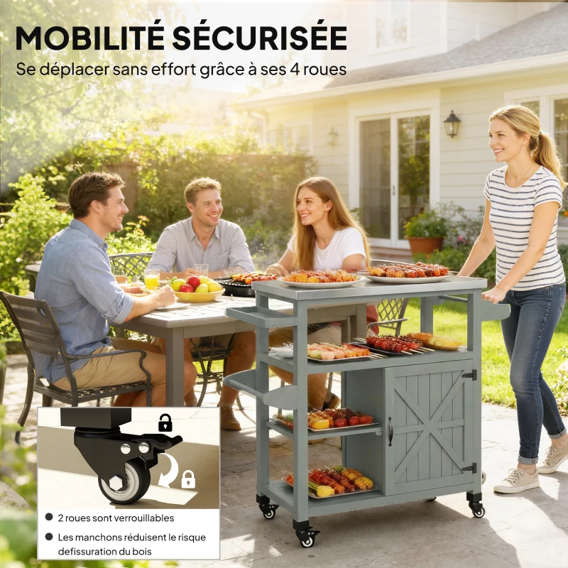 Outsunny Desserte jardin chariot de barbecue sur roulettes avec plateau en acier inoxydable 107x49,5x92,5cm gris