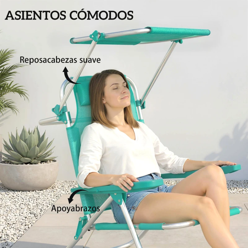 Outsunny Juego de 2 Sillas de Playa Plegables con Dosel Ajustable Respaldo Reclinable en 6 Posiciones Reposacabezas Turquesa