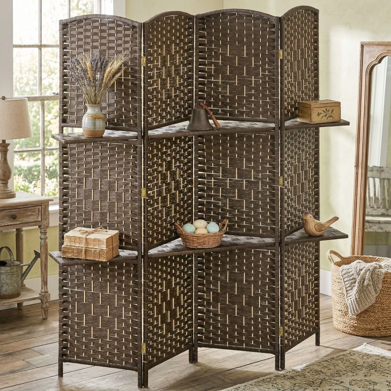 HOMCOM Paravent séparateur de pièce 4 panneaux 160 x170 cm avec 2 étagères, pliable, en bois