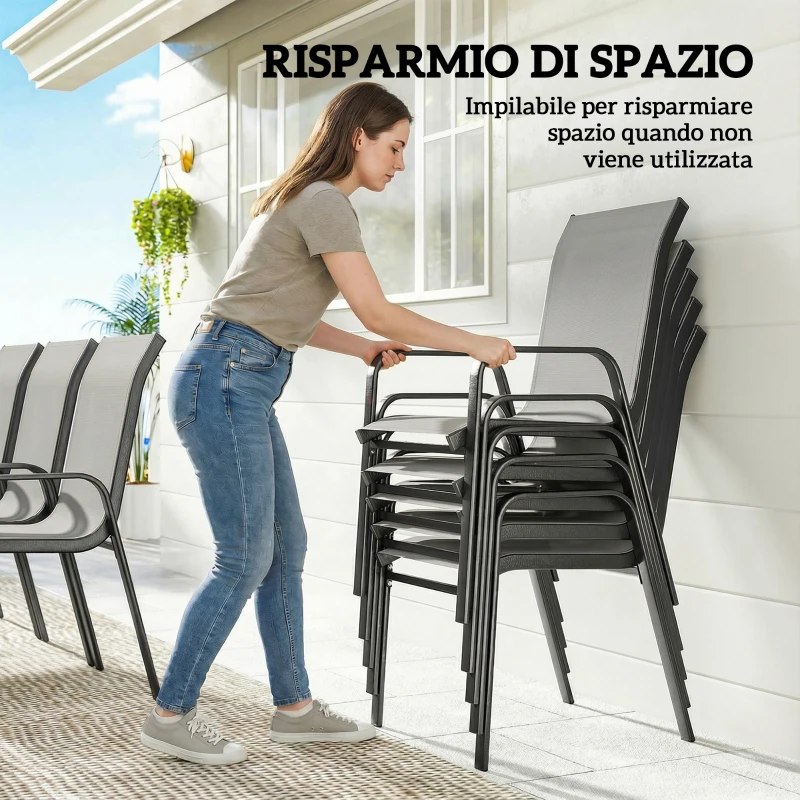 Outsunny Set da Esterno 9pz con 8 Sedie Impilabili in Texteline e Tavolino da Caffè con Piano in Vetro, Grigio Chiaro