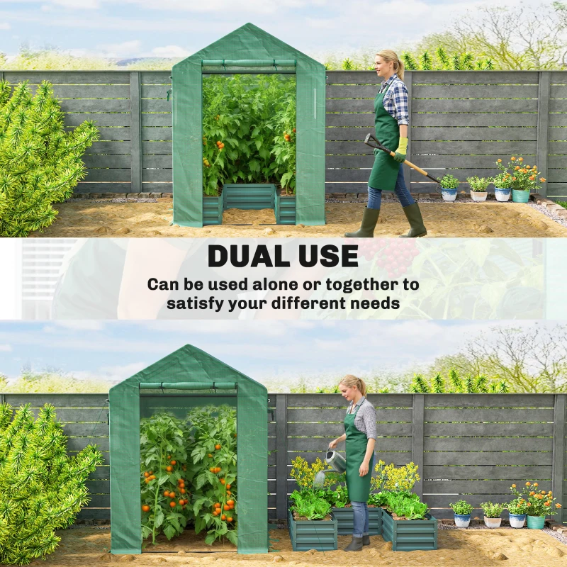 Outsunny Small Greenhouse with Raised Garden Bed, Galvanised Walk-in Greenhouse with Roll Up Windows, 141 x 141 x 190 cm, Green