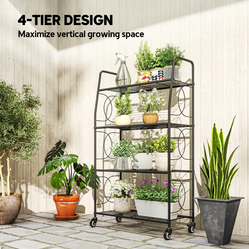Outsunny 4-Tier Metal Plant Stand, Heavy Duty Ladder Shelf Potted Plants Display Rack with Lockable Wheels