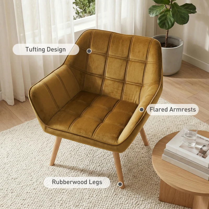 HOMCOM Fotel relaksacyjny z podłokietnikami, welur, żółty, drewniane nogi
